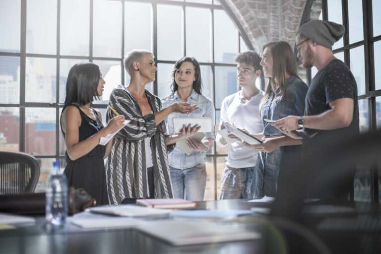 Colleagues in brainstorming meeting